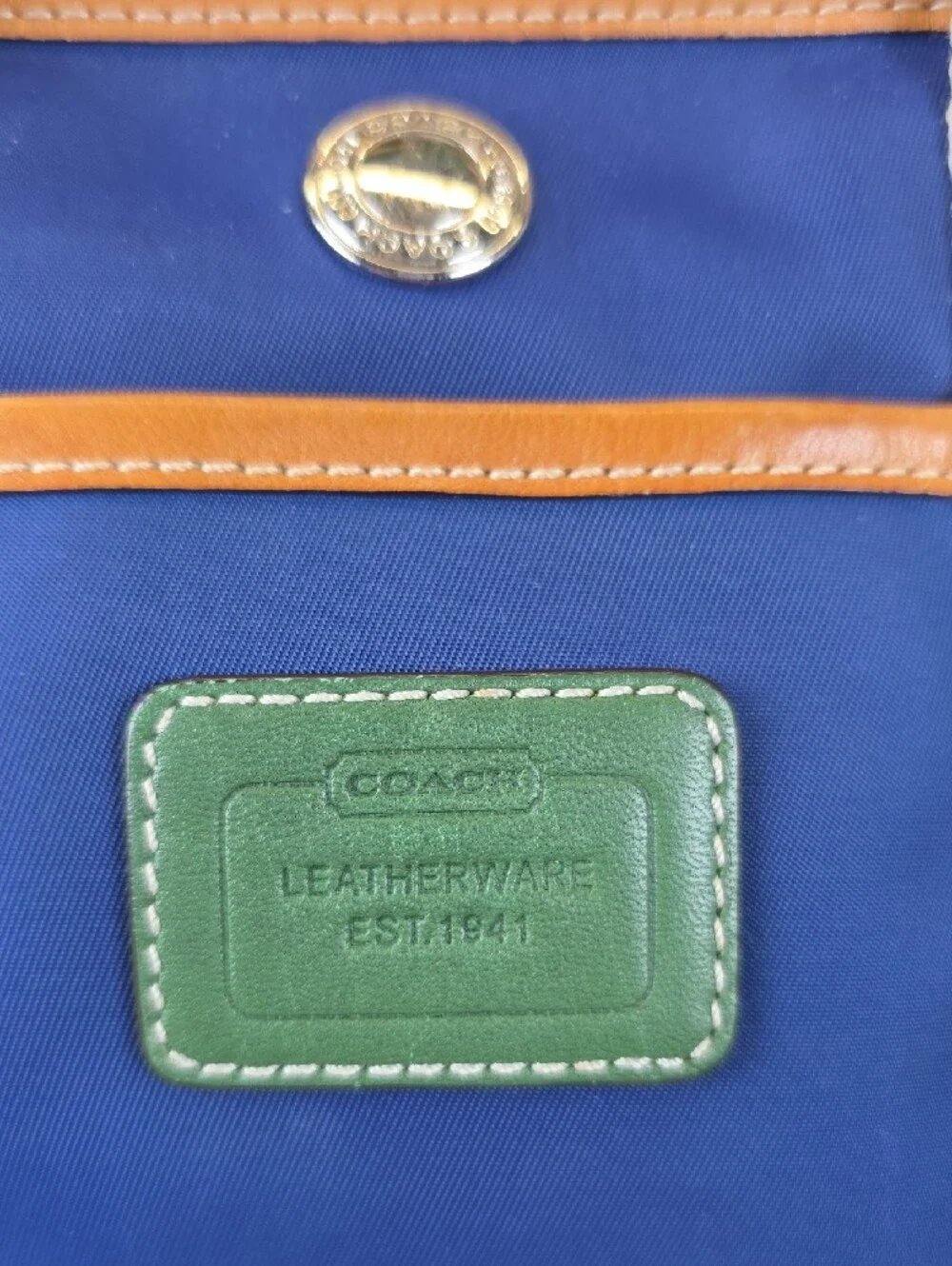 Coach Hampton Y2K Navy Canva Brown Cream Striped Web Handles Green Trim Tote Bag